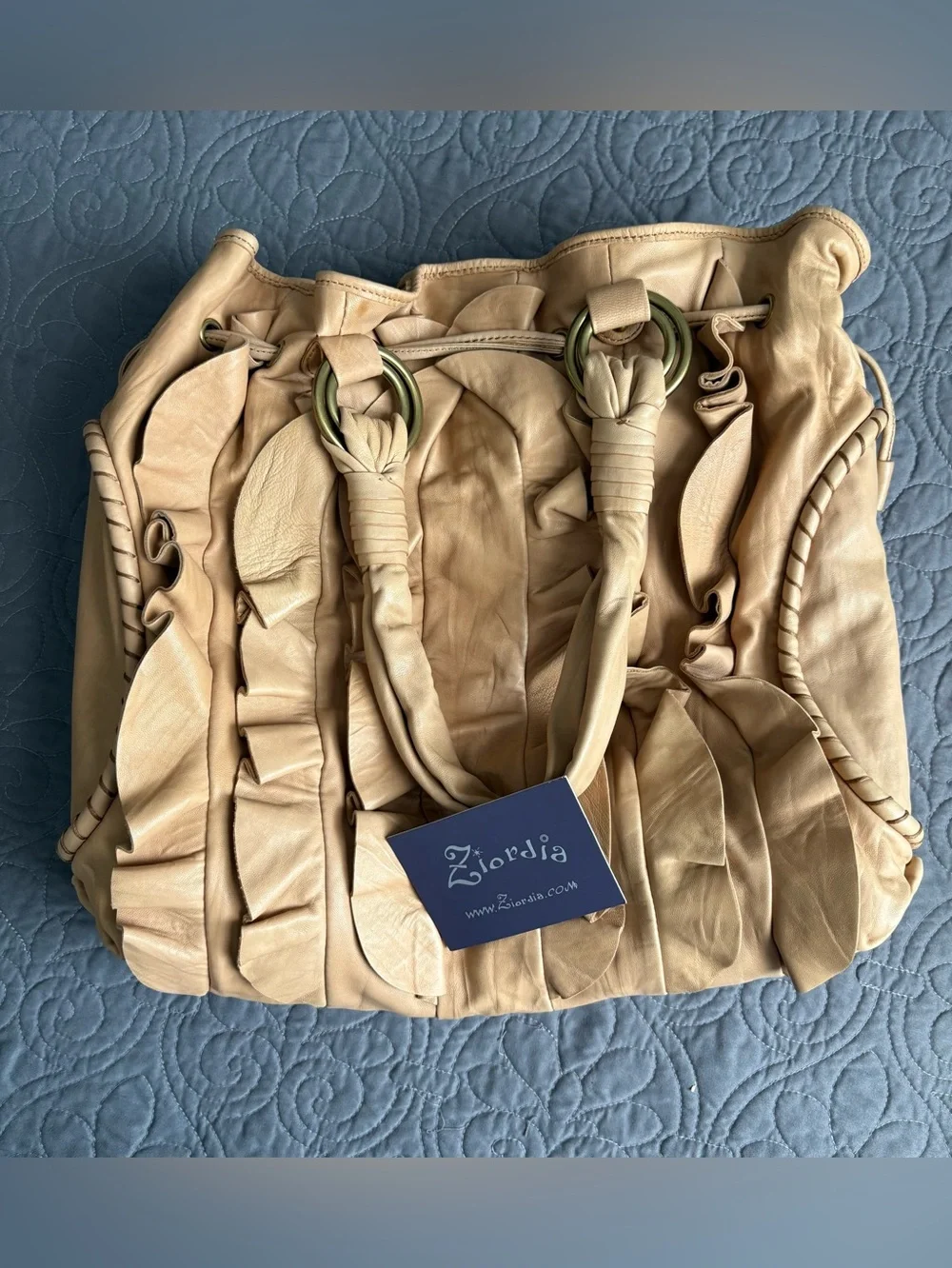 Ziordia Vintage Cream Ruffled Leather Hobo Bag Slouchy